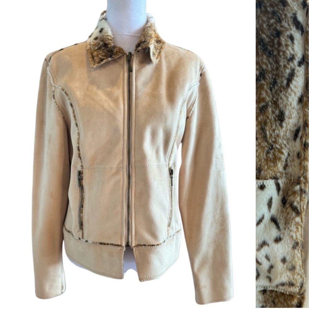 Calispia Reversible Suede Faux Fur Jacket Medium Tan Brown Animal Print leather